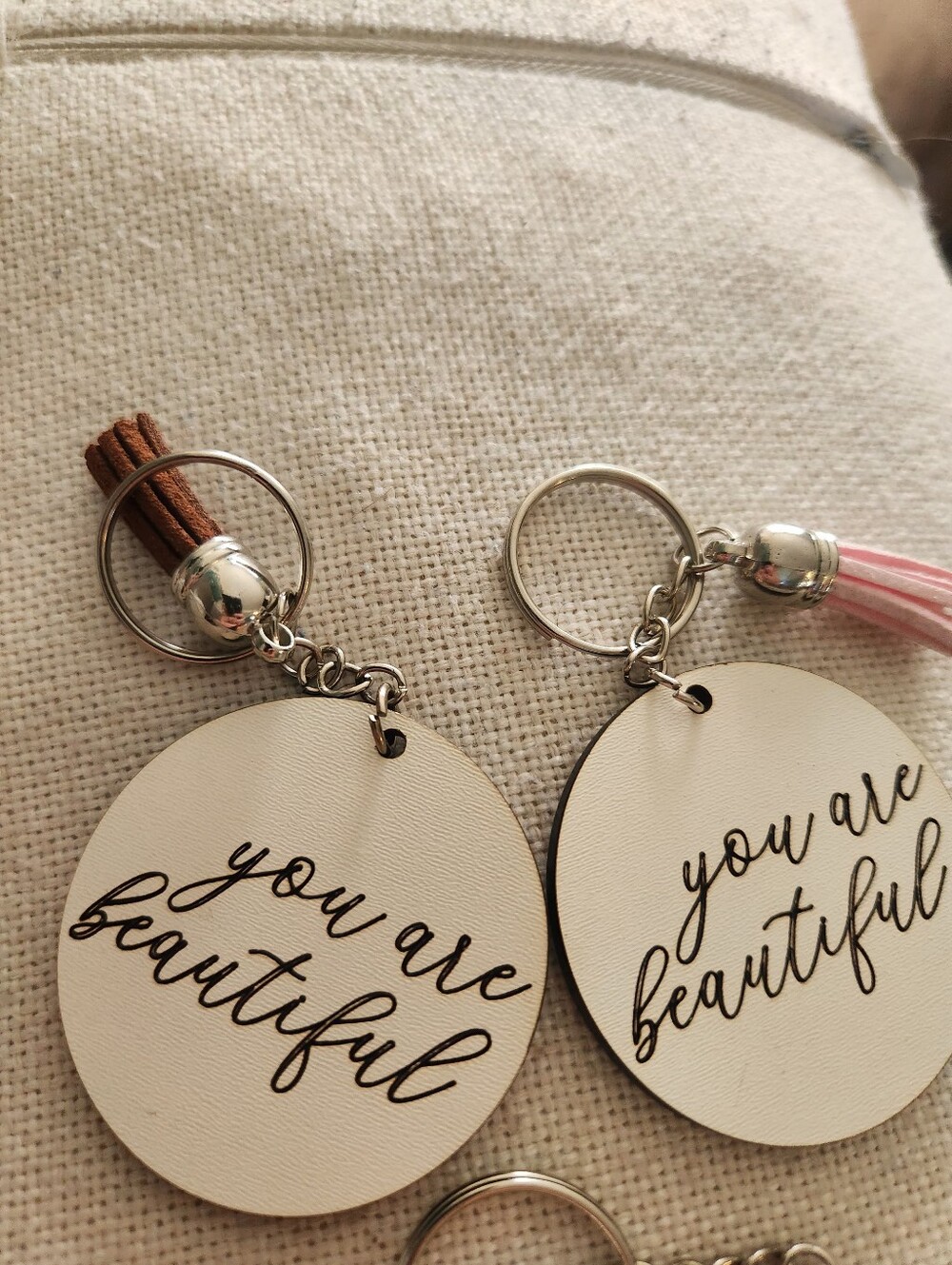 You Are Beautiful Round Tassel Keychain - White with Pink/Orange/Brown Tassels - Picture 3 of 4